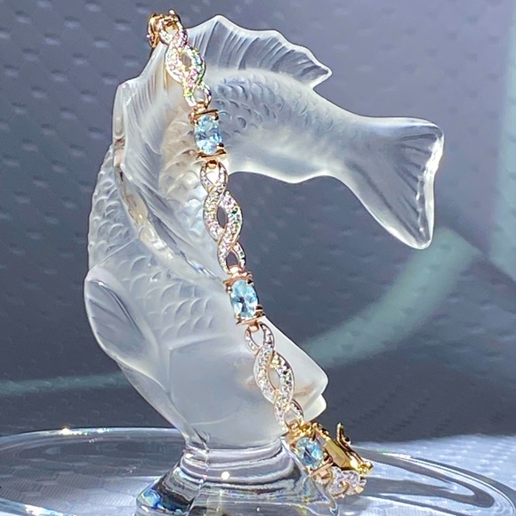 Sterling Silver 925 Two Tone Blue Topaz Gemstone Bracelet Size 7.25 - Picture 1 of 14